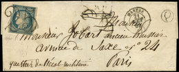 Let EMISSION DE 1849 - 4    25c. Bleu, Déf., Obl. Chiffre Taxe 25 Double Trait S. LSC, Càd T15 MANTES 21/10/52 Et Boite  - 1849-1850 Ceres