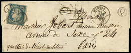 Let EMISSION DE 1849 - 4    25c. Bleu, Déf., Obl. Chiffre Taxe 25 Double Trait S. LSC, Càd T15 MANTES 21/10/52 Et Boite  - 1849-1850 Cérès