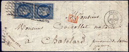 Let EMISSION DE 1849 - 4    25c. Bleu, PAIRE Un Ex. Touché, Obl. GRILLE SANS FIN S. LAC, Càd PARIS 3/3/52 Pour CHATELARD - 1849-1850 Cérès