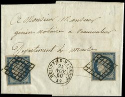 Let EMISSION DE 1849 - 4    25c. Bleu, 2 Ex. Obl. GRILLE S. LAC, Càd T15 HEILTZ-LE-MAURUPT, Superbe - 1849-1850 Ceres