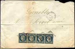 Let EMISSION DE 1849 - 4    25c. Bleu, BANDE De 4 Dont 2 T. à Peine Effl., Obl. GRILLE S. Env. Un Peu Défse, Càd CARPENT - 1849-1850 Ceres