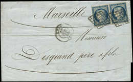Let EMISSION DE 1849 - 4a   25c. Bleu Foncé, PAIRE Avec Joli ANNEAU LUNE S. 1 Ex. Obl. GRILLE S. LAC De Lyon 28/10/50, T - 1849-1850 Cérès