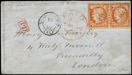 Let EMISSION DE 1849 - 5    40c. Orange, PAIRE Obl. PC 455 S. Env., Càd T15 BOULOGNE-S-MER 15/(11)/52, Arr. LONDON 16/11 - 1849-1850 Ceres