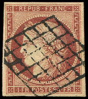 EMISSION DE 1849 - 6B    1f. Carmin-brun, Obl. GRILLE, Aminci, Aspect TB - 1849-1850 Cérès