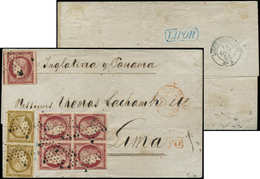 Let EMISSION DE 1849 - 6     1f. Carmin, BLOC De 4 Touché + 1 Ex. Superbe, N°1b 10c. Bistre-VERDATRE PAIRE Touchée, Tous - 1849-1850 Ceres