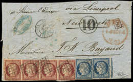 Let EMISSION DE 1849 - 6b    1f. Carmin FONCE, BANDE De 4 Lég. Déf. Et N°4 25c. Bleu (2) Obl. GRILLE S. Devant De Paris  - 1849-1850 Cérès