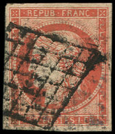 EMISSION DE 1849 - 7a    1f. Vermillon VIF, Très Jolie Nuance Obl. GRILLE, Inf. Froiss. D'angle, Jolie Pièce, TB - 1849-1850 Ceres