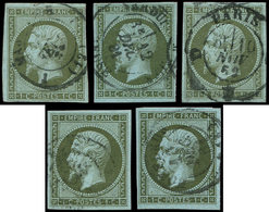 EMPIRE NON DENTELE - 11 Et 11a, 1c. Olive Et 1c. Vert-olive Clair, 5 Ex. Choisis Obl. Càd, TB, Cote Et N° Maury - 1853-1860 Napoléon III.