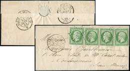 Let EMPIRE NON DENTELE - 12    5c. Vert, 4 Ex. Obl. CS2 S. LAC, Càd PARIS C2 13/1/61, Arr. COULOMMIERS 14/1, TB. C - 1853-1860 Napoléon III.