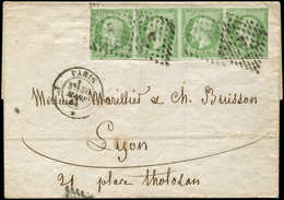 Let EMPIRE NON DENTELE - 12a   5c. Vert-jaune, BANDE De 4 Obl. Los. J Sur LSC, Càd PARIS 30/3/62, Ex. De Droite Touché,  - 1853-1860 Napoléon III.