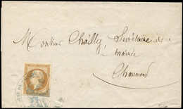Let EMPIRE NON DENTELE - 13B  10c. Brun Clair Obl. Du Cachet Bleu Du JUGE De PAIX Du CANTON DE (CHAUMONT) S. Avertisseme - 1853-1860 Napoléon III