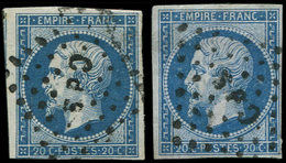 EMPIRE NON DENTELE - 14A  20c. Bleu, T I, 2 Ex. Obl. Los. CdS, Camp De Sathonay, TB - 1853-1860 Napoléon III