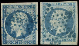 EMPIRE NON DENTELE - 14A  20c. Bleu, T I, 2 Ex. Obl. Etoile BLEUE, Un Ex. Pli, L'autre TB - 1853-1860 Napoléon III