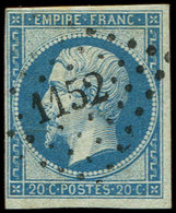 EMPIRE NON DENTELE - 14Ba 20c. Bleu Sur VERT, T II, Obl. PC 1152, Frappe Superbe - 1853-1860 Napoléon III.