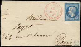 Let EMPIRE NON DENTELE - 14A  20c. Bleu, T I, Marge Droite Réparée, Obl. Rouge BSE S. LSC Pour PARIS, Càd Rouge BUREAU S - 1853-1860 Napoléon III.