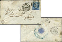 Let EMPIRE NON DENTELE - 14A  20c. Bleu, T I, Obl. CdS Sur LAC, Càd LYON/CAMP De SATHONAY 3/2/59, Cachet Militaire Au Ve - 1853-1860 Napoleon III