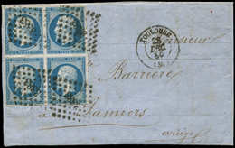 Let EMPIRE NON DENTELE - 14A  20c. Bleu, T I, BLOC De 4 Obl. PC 3383 S. LAC, Càd T15 TOULOUSE 28/12/57, TB - 1853-1860 Napoleone III