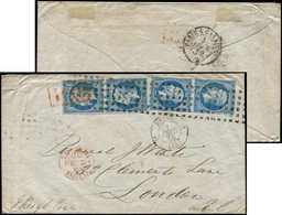 Let EMPIRE NON DENTELE - 14A  20c. Bleu, 2 PAIRES Obl. GROS POINTS CARRES S. Env., Càd PARIS 1/2/59, Arr. LONDON, TTB - 1853-1860 Napoléon III