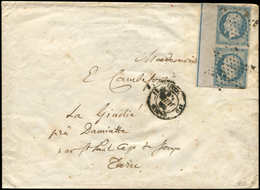 Let EMPIRE NON DENTELE - L14Ai 20c. Bleu, PAIRE Bdf Avec FILET D'ENCADREMENT, Obl. Etoile S. Env. De Paris à St Paul Cap - 1853-1860 Napoléon III.