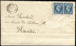 Let EMPIRE NON DENTELE - 14B  20c. Bleu, T II, PAIRE COIN DE FEUILLE, Obl. PC 779 S. LAC, Càd T15 CHATEAUBRIANT 28/4/61, - 1853-1860 Napoléon III.