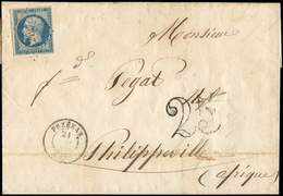 Let EMPIRE NON DENTELE - 15   25c. Bleu, Obl. PC 2427 S. LSC, Càd T15 PEZENAS 21/(6/54), Taxe 25 DT Pour PHILIPPEVILLE 2 - 1853-1860 Napoléon III.