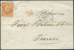 Let EMPIRE NON DENTELE - 16   40c. Orange, PERCE En LIGNES, Obl. Los. J S. LSC, Càd J PARIS J 11/12/61 Et Arr. TORINO, T - 1853-1860 Napoleone III