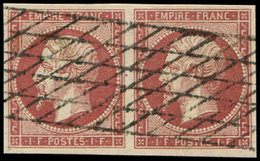EMPIRE NON DENTELE - 18    1f. Carmin, FAUX Sperati, PAIRE Obl. GRILLE SANS FIN, TB - 1853-1860 Napoléon III.