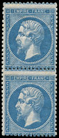 ** EMPIRE DENTELE - 22   20c. Bleu, Piquage Décalé, PAIRE Verticale, Un Ex. Dent écourtée, Sinon TB - 1862 Napoléon III