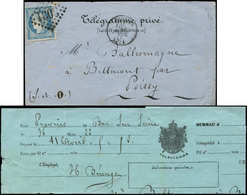 Let SIEGE DE PARIS - 37   20c. Bleu, Obl. GC 3031 S. Télégramme Privé De Bar S. Seine à Poissy, Voie Télégraphique Jusqu - 1870 Siège De Paris