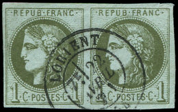 EMISSION DE BORDEAUX - 39B   1c. Olive, R II, PAIRE Obl. Càd T17 LORIENT 22/4/71, TTB/Superbe - 1870 Ausgabe Bordeaux