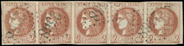 EMISSION DE BORDEAUX - 40B   2c. Brun-rouge, R II, BANDE De 5 Obl. GC 2568, Petit Coup De Ciseaux Dans La Marge Entre 3e - 1870 Emission De Bordeaux