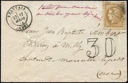 Let EMISSION DE BORDEAUX - 43A  10c. Bistre, R I, Obl. S. Env., Càd T17 BEAUVAIS 17/3/71, "taxée Pour Cause Un Timbre Ay - 1870 Ausgabe Bordeaux