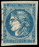 EMISSION DE BORDEAUX - 45B  20c. Bleu, T II, R II, Obl. GC, Grandes Marges, TTB. C - 1870 Ausgabe Bordeaux