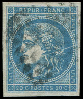 EMISSION DE BORDEAUX - 45C  20c. Bleu, R II, R III, Petit PLI ACCORDEON, Obl. GC, TB - 1870 Ausgabe Bordeaux