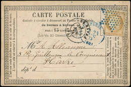 Let CERES DENTELE - 55   15c. Bistre Obl. ETOILE S. CP, Càd PARIS (60) 24/11/75, Le Tout En BLEU, R Et TB - 1871-1875 Cérès