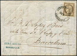 Let CERES DENTELE - 56   30c. Brun, Obl. Cachet ADMON De CAMBIO BARCELONA 010 S. LAC De Marseille à Barcelone 3/76, RR S - 1871-1875 Ceres
