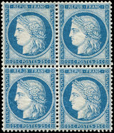 ** CERES DENTELE - 60B  25c. Bleu, T II, BLOC De 4, Excellent Centrage, Fraîcheur Postale, Superbe - 1871-1875 Ceres