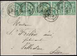 Let TYPE SAGE SUR LETTRES - N°64 5c. Vert BANDE De 5 Obl. Càd T18 BESANCON 9/10/76 S. LAC, Superbe - 1877-1920: Semi-Moderne