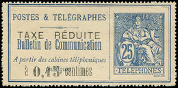 (*) TELEPHONE - Téléphone 21a : 0,15c. Sur 25c. Bleu, Surcharge Noire, Cl., Aspect TB - Télégraphes Et Téléphones