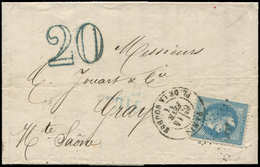 Let Guerre De 1870 -  N°29B Obl. Etoile 1 S. LAC, Càd PARIS 14/2/71, Taxe Bleue Double Trait 20 Pour La Haute-Saône, TB - Guerre De 1870