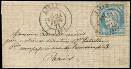 Let Guerre De 1870 -  N°44Aa 20c. Bleu Clair T I R I Inf. Froiss., Obl. Càd T17 LILLE 21/2/71 S. LAC De DAX Du 3/11/70,  - Krieg 1870