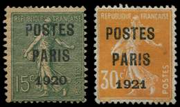 (*) PREOBLITERES - 25 Et 29 15c. Vert-olive Et 30c. Orange, POSTES PARIS 1920 Et 1921, TB. S - 1893-1947