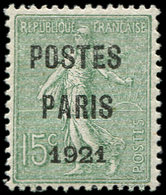 ** PREOBLITERES - 28  15c. Vert-olive, POSTES PARIS 1921, TTB. C - 1893-1947