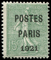 * PREOBLITERES - 28  15c. Vert-olive, POSTES PARIS 1921, TB. C - 1893-1947