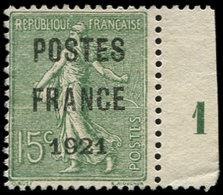 (*) PREOBLITERES - 34  15c. Vert-olive, POSTES FRANCE 1921, Bdf Mill.1 (partiel), TB, Certif. P. Scheller - 1893-1947