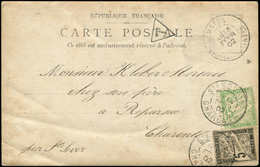 Let TAXE - 14   5c. Noir Et N°30 15c. Vert-jaune Obl. Càd ST SEVER 14/2/02 Sur CP De Matha, Utilisation Tardive Du N°14, - 1859-1959 Lettres & Documents