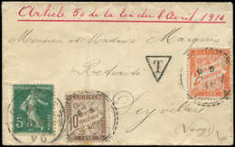 Let TAXE - 29  10c. Brun Et N°41 2f. Vermillon Obl. DEYVILLERS 5/( )/11 Sur Petite Env. Affr. N°137 Obl. ELOYES, Mention - 1859-1959 Lettres & Documents