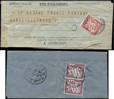Let TAXE - 33  30c. Rouge Carmin Et N°37 50c. Brun-lilas PAIRE Obl. MARSEILLE Et VICHY Sur 2 Télégrammes, 1931-43, TB - 1859-1959 Lettres & Documents