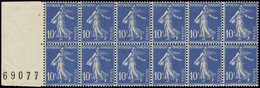 ** ROULETTES - 31  Semeuse Camée, 10c. Outremer, BLOC De 12, Bdf Gauche Numéroté 69077, 2 Ex. *, TB - Rollen