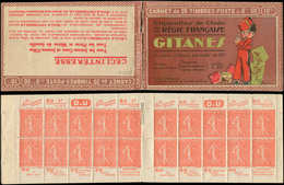 CARNETS (N°Cérès Jusqu'en1964) - 95   Semeuse Lignée, 50c. Rouge, N°199B, T IIB, S. 218-A, GITANES, Qqs Adh., Sinon R Et - Sonstige & Ohne Zuordnung